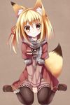  animal_ears between_legs black_legwear blonde_hair blush fox_ears fox_tail hair_ribbon hand_between_legs highres jacket kirara_m._sunlight looking_at_viewer one_side_up original pantyhose ribbon scarf sitting smile solo tail v_arms wariza yatsuki_yura yellow_eyes 