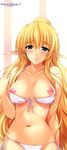  absurdres bare_shoulders bikini blonde_hair blue_eyes blush breasts collarbone copyright_name elf emily_sinclair front-tie_top highres lips long_hair long_image medium_breasts nipples one_side_up onigirikun parted_lips pastel_chime pastel_chime_3 pointy_ears puffy_nipples scan side-tie_bikini solo stick_poster sweat swimsuit tall_image top_pull very_long_hair white_bikini 