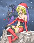  black_legwear blonde_hair breasts christmas cold dragon duel_monster hat highres lady_of_d midriff ozaneko red-eyes_wyvern red_eyes santa_hat sitting small_breasts snow thighhighs yuu-gi-ou 