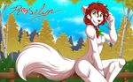  braided_hair canine female fence fluffy_tail fur green_eyes hair hair_tie keidran mammal neck_ruff red_hair roselyn teeth tom_fischbach twokinds wheat white_fur wolf 