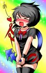  &gt;_&lt; :d asymmetrical_wings bad_id bad_pixiv_id black_hair black_legwear blush closed_eyes dress drooling heart houjuu_nue implied_masturbation nukarumi_noren open_mouth rainbow sexually_suggestive short_hair smile solo sparkle sweat tail tail_grab thighhighs touhou wing_grab wings zettai_ryouiki 