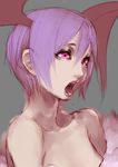  bare_shoulders bat_wings d-gunhoo demon_girl flat_chest head_wings lilith_aensland open_mouth pink_eyes purple_hair red_eyes short_hair solo succubus tongue upper_body vampire_(game) wings 