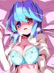  blue_bra blue_hair blush bra breasts heavy_breathing heterochromia large_breasts long_sleeves lying miuku_(marine_sapphire) on_back open_clothes parted_lips red_eyes short_hair solo tatara_kogasa touhou underwear 