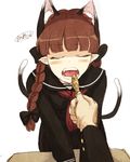  alternate_costume animal_ears bad_id bad_pixiv_id black_serafuku blush bow braid cat_ears cat_tail closed_eyes contemporary extra_ears fangs feeding food hair_bow kaenbyou_rin long_hair multiple_tails open_mouth pointy_ears red_hair school_uniform serafuku sketch solo_focus tail touhou twin_braids twintails urin 