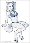  2013 anyare bikini blue_eyes canine female looking_at_viewer pinup plain_background skimpy solo tight_clothing white_background white_fur wolf 