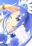  blue_bow blue_eyes blue_hair bow bracelet cure_diamond diamond_(shape) dokidoki!_precure heart highres hishikawa_rikka jewelry long_hair magical_girl one_eye_closed precure solo zeku_(furrock) 