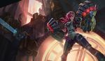  banned_artist belt blue_eyes collar earrings gauntlets goggles jewelry league_of_legends leg_armor nose_piercing official_art paul_kwon piercing pink_hair shoulder_pads vi_(league_of_legends) 