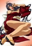  1girl absurdres ass bare_shoulders black_hair blush breasts cleavage feet hair_over_one_eye highres ikkitousen ikkitousen_great_guardians japanese_clothes kan&#039;u_unchou kan'u_unchou kimono kuroishi_ringo large_breasts legs long_hair lying open_mouth sandals solo tongue very_long_hair 
