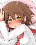  bad_id bad_pixiv_id bed_sheet blush brown_hair fang full-face_blush half-closed_eyes ichirin kusakabe_misao looking_at_viewer lucky_star lying on_bed on_side open_mouth pillow ryouou_school_uniform school_uniform serafuku short_hair solo yellow_eyes 