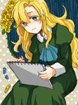  blonde_hair blue_eyes crayon dress flower green_dress ib long_hair mary_(ib) pino1213 rose sketchbook solo tegaki yellow_flower yellow_rose 