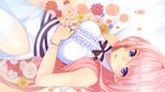  blue_eyes bow bracelet dress flower flower_bed frills hands_clasped interlocked_fingers jewelry lace lace-trimmed_thighhighs long_hair looking_at_viewer lying megurine_luka own_hands_together pink_hair settyaro solo thighhighs vocaloid white_legwear 