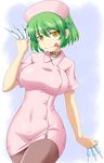  :p alternate_costume breasts goriate green_hair hat hikage_(senran_kagura) large_breasts nurse nurse_cap pantyhose senran_kagura senran_kagura_shoujo-tachi_no_shin'ei short_hair slit_pupils solo syringe tongue tongue_out yellow_eyes 