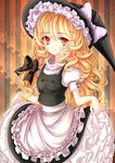  blonde_hair bow colorized curly_hair furim hair_bow hat hat_bow highres kirisame_marisa short_sleeves skirt skirt_hold smile solo touhou white_bow witch_hat yellow_eyes 