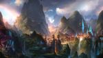  building cloud crystal east_asian_architecture floating fom_(lifotai) highres landscape mountain no_humans original scenery tree water waterfall 