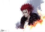  cigarette fur_trim k_(anime) male_focus ray_(shenchunhui) red_eyes red_hair signature solo suou_mikoto_(k) 