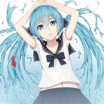  aqua_eyes aqua_hair arms_up bad_id bad_pixiv_id bottle_miku bow collarbone fish goldfish gradient gradient_background hair_ribbon hatsune_miku heisei_yutorin liquid_hair long_hair looking_at_viewer midriff_peek navel parted_lips pleated_skirt ribbon school_uniform serafuku skirt solo twintails upper_body vocaloid water 