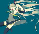  39 2013 boots dated detached_sleeves green_eyes green_hair hatsune_miku long_hair mochizuki_kei necktie open_mouth simple_background skirt solo thigh_boots thighhighs twintails very_long_hair vocaloid 