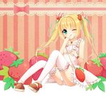  ;p aichi_shiho blonde_hair bracelet bulge cream food food_themed_clothes food_themed_hair_ornament fruit green_eyes hair_ornament hair_ribbon highres jewelry long_hair male_focus mary_janes necklace one_eye_closed original otoko_no_ko ribbon shoes sitting solo strawberry strawberry_hair_ornament thighhighs tongue tongue_out twintails 
