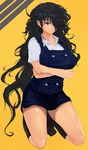  black_hair crossed_arms dress hair_over_one_eye highres kneehighs kneeling kousaki_mitsuaki long_hair messy_hair original red_eyes solo very_long_hair 