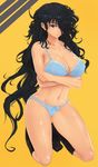  black_hair bra breasts cleavage crossed_arms hair_over_one_eye highres kneehighs kneeling kousaki_mitsuaki large_breasts long_hair messy_hair navel no_pants original panties red_eyes solo underwear underwear_only very_long_hair 