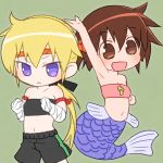  2girls :&lt; :d arm_up bandeau blonde_hair brown_eyes brown_hair chibi commentary_request eyebrows_visible_through_hair headband kill_me_baby long_hair looking_at_viewer low_ponytail mermaid midriff monster_girl monsterification multiple_girls navel open_mouth oribe_yasuna ponytail purple_eyes sat-c short_hair shorts simple_background smile sonya_(kill_me_baby) wrist_wrap 