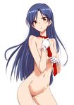  :o blue_hair clearite flat_chest gloves highres idolmaster idolmaster_(classic) kisaragi_chihaya long_hair naked_necktie navel necktie nipples nude pubic_hair solo very_long_hair white_background yellow_eyes 