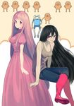  2girls adventure_time black_hair boots crossed_legs dog dress finn_the_human jake_the_dog long_hair mablex marceline_abadeer multiple_girls pink_dress pink_eyes pink_hair princess_bonnibel_bubblegum sitting tank_top vampire 