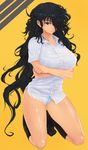  black_hair bra crossed_arms hair_over_one_eye highres kneehighs kneeling kousaki_mitsuaki long_hair messy_hair no_pants original panties red_eyes solo underwear very_long_hair 