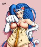  big_breasts blue_hair breasts cat cosplay darkstalkers erect_nipples felicia_(darkstalkers) feline female green_eyes hair long_hair mammal nipples radprofile video_games 