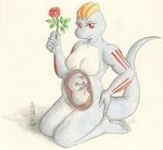  blue_skin breasts eyes_closed f&#339;tus f&oelig;tus female flower hindpaw internal kneeling looking_at_viewer machoke machop maneki-neko nintendo paws plain_background pok&#233;mon pok&eacute;mon pregnant red_eyes rose smile video_games white_background womb 