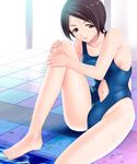  black_hair brown_eyes highres hitomi_(ricca) idolmaster idolmaster_cinderella_girls navel one-piece_swimsuit short_hair swimsuit tougou_ai 