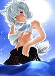  animal_ears bad_id bad_pixiv_id breasts hand_in_hair highres inubashiri_momiji no_hat no_headwear red_eyes rikkido sarashi short_hair silver_hair small_breasts solo sun tail touhou underboob water white_hair wolf_ears wolf_tail 