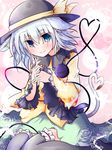  animal_ears black_legwear blue_eyes blush cat_ears cat_tail eyeball floral_print hat hat_ribbon heart heart_of_string heart_tail kemonomimi_mode komeiji_koishi nagii_yuki ribbon short_hair silver_hair sitting skirt solo tail thighhighs third_eye touhou 