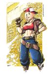  backwards_hat baggy_pants baseball_cap belt blonde_hair blue_eyes blue_mary bomber_jacket boots breasts brick_wall cropped_jacket cross-laced_footwear fatal_fury fernando_kazuo_miyahara gloves hat highres jacket jewelry knee_boots lace-up_boots large_breasts midriff navel necklace open_clothes open_jacket pants pointing pointing_at_self short_hair sleeves_rolled_up slender_waist solo straight_hair strapless the_king_of_fighters tubetop 