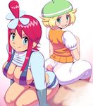  2girls apostle ass-to-ass bel_(pokemon) blonde_hair blue_eyes breasts buttjob cum double_buttjob fuuro_(pokemon) girl_on_top green_eyes hair_ornament hat hetero large_breasts multiple_girls pantylines penis pokemon precum red_hair short_hair sitting sitting_on_lap sitting_on_person smile trembling_penis 