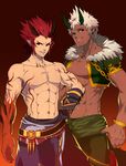  bracelet dark_skin dark_skinned_male dragon_boy dungeon_and_fighter earrings highres horns jewelry lvlv male_focus multiple_boys muscle open_mouth pointy_ears red_hair shirtless smile spiked_hair white_hair 