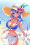  azur_lane blue_eyes blush breasts cleavage eyebrows_visible_through_hair flower hair_flower hair_ornament hair_ribbon hat hat_feather hat_flower highres illustrious_(azur_lane) john_117 large_breasts long_hair looking_at_viewer navel open_mouth purple_hair ribbon smile solo straw_hat summer swimsuit 
