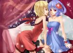  bare_shoulders black_legwear blonde_hair blue_skirt curtains dress flandre_scarlet flower hair_flower hair_ornament hand_on_another's_face hand_on_thigh highres lace lace-trimmed_thighhighs multiple_girls no_hat no_headwear no_wings profile purple_hair red_dress remilia_scarlet rose see-through short_hair side_ponytail sitting skirt sleeveless sleeveless_dress thighhighs touhou wrist_cuffs yekong zettai_ryouiki 