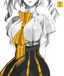  bow breasts drill_hair head_out_of_frame large_breasts monochrome original parted_lips patterned plaid pupps short_sleeves simple_background solo spot_color twintails white_background 