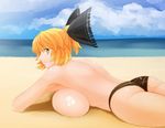  1girl ass beach blonde_hair breast_press breasts female hair_ornament huge_breasts lying masami_t ocean shiny shiny_skin yellow_eyes 