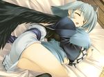  1girl antenna_hair bed bed_sheet blush eyes_closed female game_cg hug kamyu kneehighs lying on_side open_mouth panties pantyshot pillow sash short_hair silver_hair skirt sleeping solo underwear upskirt utawareru_mono wings 