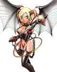  bat_wings bdsm blonde_hair bondage boots bound breasts chain chaps cleavage demon_girl demon_tail gloves green_eyes horns large_breasts leather leather_gloves mace navel navel_cutout shiroo_oono smile solo succubus tail thigh_boots thighhighs weapon wings 