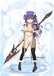  boots breasts capelet cleavage groin highres horns hoshizuki_(seigetsu) long_hair medium_breasts navel pixiv_fantasia pixiv_fantasia_new_world polearm purple_hair see-through semi-transparent smile solo spear weapon yellow_eyes 