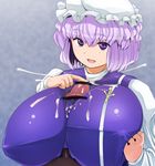  1girl breasts cap censored cum ejaculation highres huge_breasts letty_whiterock masami_t open_mouth paizuri paizuri_under_clothes penis penis_under_clothes purple_eyes purple_hair short_hair smile touhou 