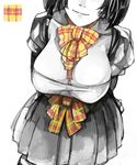  bow breasts cleavage head_out_of_frame large_breasts monochrome original patterned plaid pupps short_hair simple_background skirt smile solo spot_color white_background 