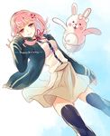  black_legwear danganronpa flipped_hair hair_ornament monomi_(danganronpa) nanami_chiaki pink_eyes pink_hair school_uniform skirt smile super_danganronpa_2 syouson thighhighs 