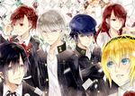  4girls aegis_(persona) android blonde_hair blue_eyes blue_hair bow female_protagonist_(persona_3) grey_eyes grey_hair hair_over_one_eye hat headphones kirijou_mitsuru long_hair moonku multiple_boys multiple_girls narukami_yuu persona persona_3 persona_3_portable persona_4 red_eyes red_hair ribbon school_uniform shirogane_naoto short_hair smile yuuki_makoto 