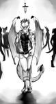  abs anthro belt biceps body_markings claws clothed clothing dagger demicoeur dragon front_view greyscale group horn jacket looking_at_viewer male markings monochrome muscles open_shirt pants pecs pose scales scalie scar shirt silhouette solo_focus standing stripes toe_claws toned walking weapon wings 