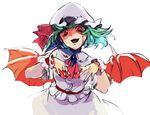  aqua_hair ascot bad_id bad_pixiv_id bat_wings blood blood_on_face brooch floating_hair hands hat hat_ribbon jewelry kodamahikari open_mouth puffy_short_sleeves puffy_sleeves red_eyes remilia_scarlet ribbon short_sleeves solo touhou white_background wings wrist_cuffs 