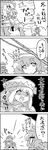  4girls 4koma cirno closed_eyes comic crossed_arms daiyousei doyagao greyscale hat highres jitome letty_whiterock lily_white monochrome multiple_girls scarf smile sparkle tani_takeshi touhou translated yukkuri_shiteitte_ne 